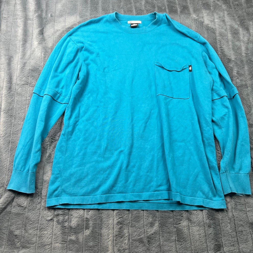 Zara x Diaz Faes Mens Blue Long Sleeve Knit Pocket Graphic T-Shirt Size L-XL